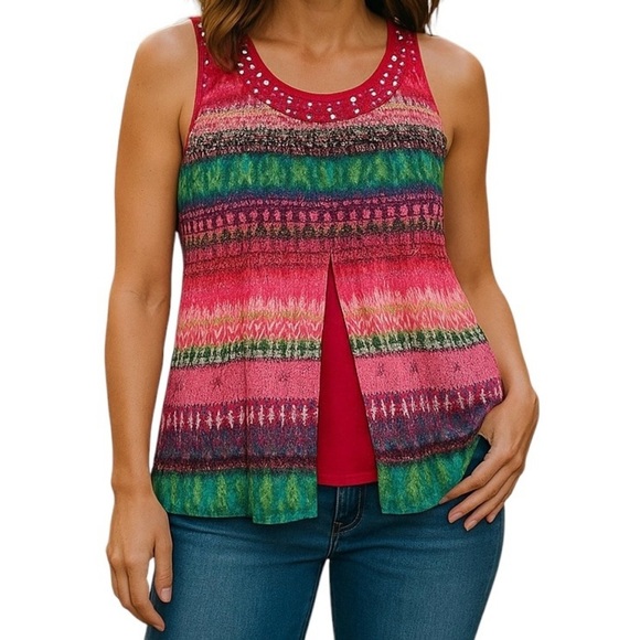 NY COLLECTION Blouse Sleeveless Grommets Slit in front Multicolor Size Large - Picture 1 of 8